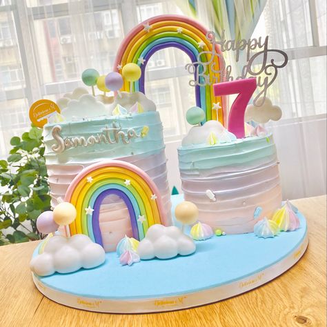 🌈Rainbow themed Birthday Cake Rainbow Comic Cake, Renbow Cake Design, Tall Rainbow Cake, Rainbow Cake Inside, Pastel Rainbow Cake Inside, Cartoon Cake, Watermelon Birthday, Themed Birthday Cakes, Watermelon