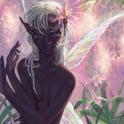 Orchid fairy black fairy whimsical magical fantasy ethereal black woman digital art Black Fairies Aesthetic, Black Fairies Art, Dark Fairy Character Design, Dark Fairy Character Art, Black Fairy Character Design, Black Pixie Fantasy Art, Fairy Aura, Dark Fairy, Fairy Pictures