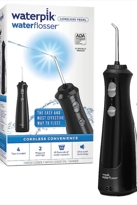 Waterpik Cordless Pearl Water Flosser Rechargeable Portable Water Flosser for Teeth, Gums, Braces Care and Travel with 4 Flossing Tips, ADA Accepted, WF-13 Black Braces Care, Waterpik Water Flosser, Black Packaging, Water Flosser, Amazon Products, White Teeth, Teeth Cleaning, Braces, Bathroom Ideas