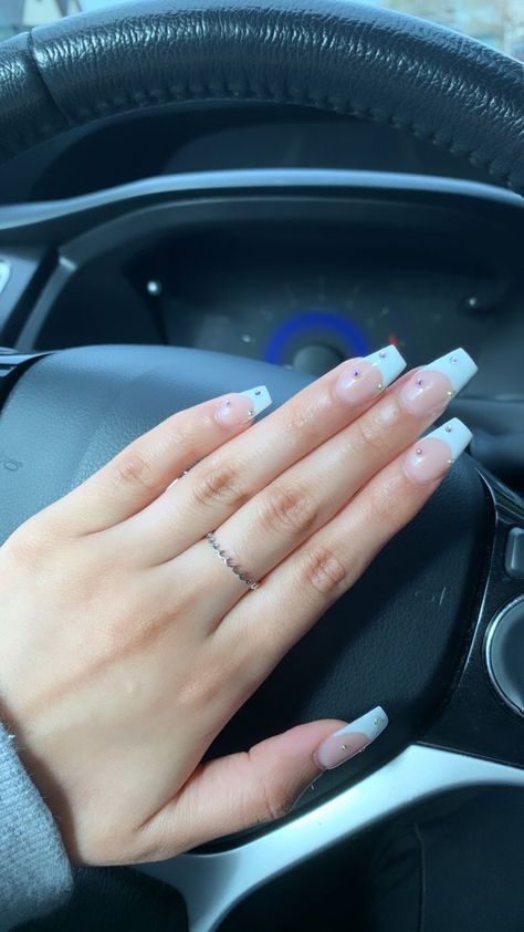 White French Tip Nails Coffin With Gems, White French Tip With Gems, White French Tip Acrylics, Acrylics With Gems, French Tip Nails With Gems, Tip Acrylics, White French Tip Nails, Nails With Gems, Nail Aesthetics