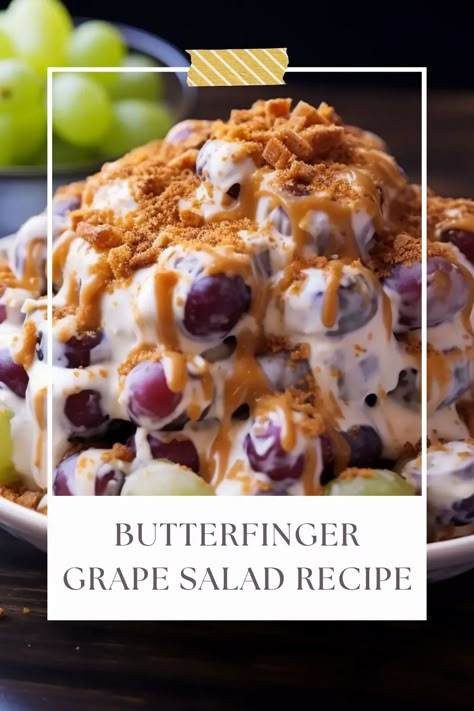 Butterfinger Grape Salad Recipe Butterfinger Salad, Grape Recipe, Grape Dessert, Grape Salad Recipe, Candy Bar Recipe, Butterfinger Candy, Grape Recipes, Kitchen Guide, Grape Salad