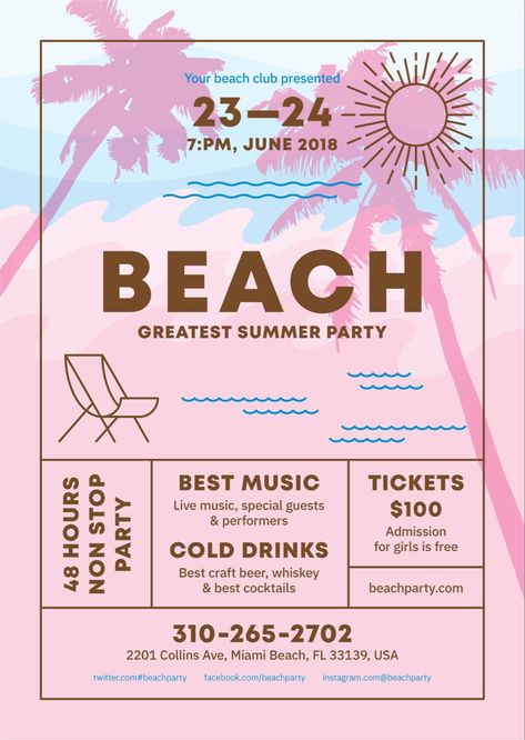 Palm Beach Party, Beach Party Poster, Beach Party Flyer, Event Poster Template, Zack Fair, Event Posters, Poster Design Layout, Graphisches Design, Music Festival Poster