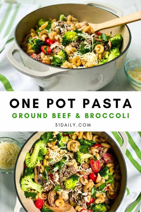 This easy One Pot Pasta with Ground Beef and Broccoli is for those nights when dinner needs to be quick and easy. As in, almost hands-free. And family-friendly too. I love making this simple all in one pasta dish that is super customizable, is and manages to be light and flavorful without the addition of a red sauce or any cream! Ground Beef Pasta With Veggies, Pasta And Ground Beef Recipes Healthy, Pasta With Ground Beef And Vegetables, Beef Pasta Healthy, 1 Pot Pasta Meals, Ground Beef Broccoli Pasta, Ground Beef Pasta Recipes Healthy, One Pot Pasta Ground Beef, Beef And Broccoli Pasta