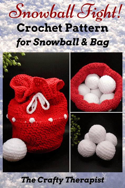 Snowball Fight in a Bag Crochet Pattern ‣ The Crafty Therapist Holiday Crochet Patterns, Bored Games, Crochet Game, Bag Crochet Pattern, Crochet Christmas Gifts, Crochet Xmas, Aesthetic Crochet, Holiday Crochet, Christmas Crochet Patterns