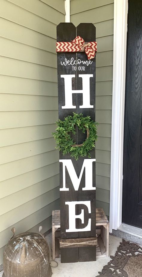 "Welcome to Our Home Porch Sign Personalized Home Sign , Vertical Home Sign , Welcome to Our Home , Farmhouse Decor , Porch  Home Sign , 6FT Wood Sign Item details Expresso stain, permanent vinyl, 9.5\" wood letters, chevron ribbon, polyurethane (semi-gloss). If you're looking for a beautiful handmade porch decor, then you're in the right place. Be the envy of your block with this beautiful style porch board. This beautiful and elegant everyday porch sign is sure to brighten your front door or a Welcome Tall Sign Front Door, Stand Up Front Door Sign, Welcome To Our Home Porch Sign, Welcome To Our Home Porch Leaner, Door Leaner Signs Diy, Front Porch Signs Wooden Diy, Door Leaners, Home Porch Sign, Vertical Signs