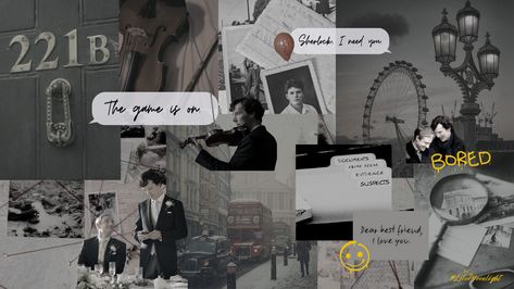 Desktop Wallpaper - Sherlock Holmes, BBD ( made on Canva, by @LiloMoonlight ) Sherlock Holmes Laptop Wallpaper, Sherlock Holmes Wallpaper Aesthetic Desktop, Sherlock Holmes Wallpaper Desktop, Sherlock Wallpaper Desktop, Aesthetic Collage Wallpaper Laptop, Sherlock Holmes Wallpaper, Desktop Bg, Sherlock Wallpaper, 1366x768 Wallpaper