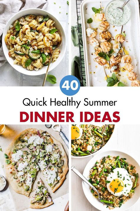 Over three dozen easy healthy summer dinner recipes to keep you eating nutritious, interesting meals all summer long. Grill recipes, grain bowls, vegetarian meals, baked fish, and much more. #summereating #healthyrecipes #quickdinnerideas Summer Dinner Healthy Recipes, Summer Salmon Bowl, Health Summer Dinner Recipes, Light Fresh Summer Meals, Summer Dinner Meal Prep, Easy To Prepare Meals, Quick Healthy Summer Meals, Lowfat Healthy Dinner Recipes, Summer Healthy Dinner Recipes