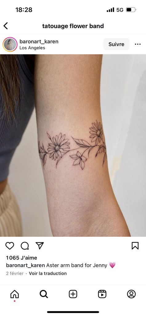 Wildflower Arm Band Tattoo, Bicep Cuff Tattoo Women, Upper Arm Cuff Tattoo, Arm Cuff Tattoo, Wrap Around Tattoo, Cuff Tattoo, Beautiful Flower Tattoos, Floral Cuff, Vine Tattoos