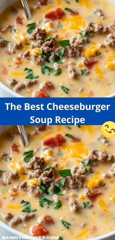 Need a quick meal that everyone will love? This Best Cheeseburger Soup Recipe is a breeze to prepare, making it an ideal option for easy dinner ideas that satisfy even the pickiest eaters in your family. Soup Recipes Healthy Easy, Best Cheeseburger Soup, Creamy Cheeseburger Soup, Quick Dinner Ideas For Two, Burger Soup Recipes, Soup Cheeseburger, Soup Dinner Recipes, Cheese Burger Soup, The Best Cheeseburger