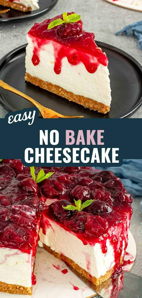 This No Bake Cheesecake is the perfect dessert for any occasion—rich, creamy, and no oven needed! 🍰 #NoBakeCheesecake #EasyDesserts #CheesecakeLovers #NoBakeDesserts #SweetTreats Best No Bake Cheesecake, No Bake Cheesecake Filling, Delicious Cheesecake Recipes, No Bake Cherry Cheesecake, Cherry Topping, Easy No Bake Cheesecake, Cheesecake Pudding, Baked Cheesecake Recipe, Easy Cheesecake Recipes