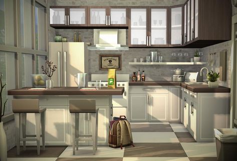 a cozy kitchen Sims 4 Houses Kitchens, Kitchen Design Sims 4, Cozy Kitchen Bloxburg, Roblox Kitchen Ideas, Sims 4 Cozy Kitchen, Cozy Sims 4 House, Sims 4 Kitchen Decor, Sims 4 Kitchens, Sims Kitchen Ideas