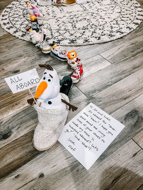 An alternative to elf on the shelf - Hide Olaf. The “shoe-shoe” train with an All Aboard sign. Elf On The Shelf Shoe Train, Shelf Shoes, Elf Fun, Elf Ideas, All Aboard, On The Shelf, Olaf, Elf On The Shelf, Elf