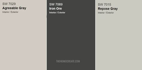 Agreeable Grey And Iron Ore, Iron Ore Agreeable Gray, Iron Ore Sherwin Williams Fireplace Wall, Agreeable Gray Walls Black Doors, City Loft And Iron Ore, Colors That Go With Iron Ore Sherwin Williams, Repose Gray With Iron Ore, Iron Ore Exterior Paint, Iron Ore Sherwin Williams Color Scheme