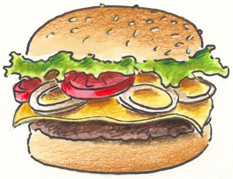 Hamburger Drawing Easy, Burger Painting, Hamburger Drawing, Procedure Text, Burger Drawing, Inktober 2023, Fall Drawings, 4th Grade Art, Step By Step Watercolor