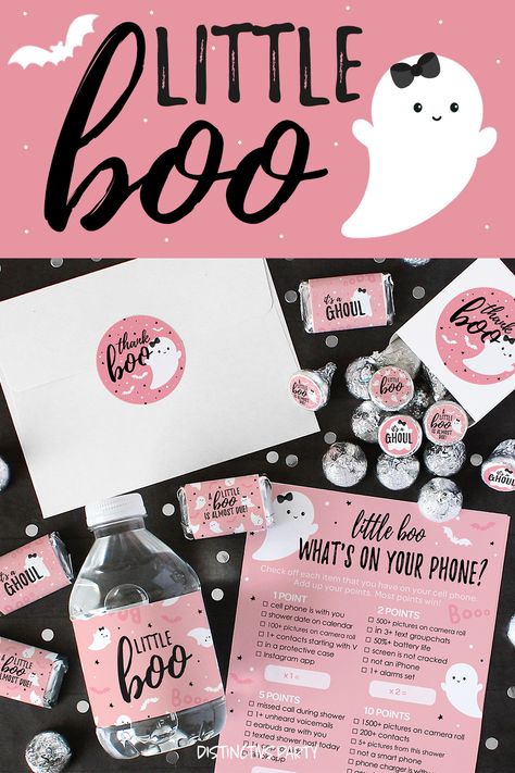 Party games and favors featuring Pink Little Boo Ghosts Baby Shower items for a girl Halloween party celebration Boo Themed Baby Shower Ideas, Halloween Baby Shower For Girl, Boo Baby Shower Theme, Little Boo Baby Shower Ideas, October Girl, Halloween Baby Shower Theme, Shower Collection, Girl Themes, Halloween Baby