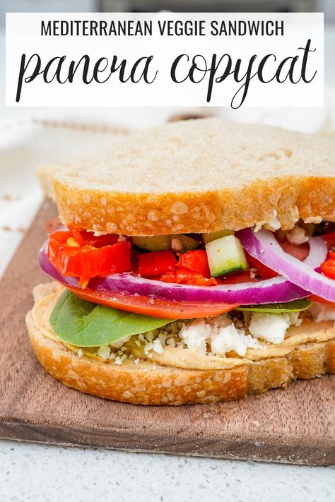 Looking for a copycat Panera Mediterranean veggie sandwich recipe? We tell you how to make it at home and include optional yummy additions! Mediterranean Sandwich Recipes, Mediterranean Veggie Sandwich, Panera Sandwiches, Copycat Panera Bread, Mediterranean Sandwich, Veggie Sandwich Recipes, Panera Recipes, Mediterranean Recipes Healthy, Copycat Panera