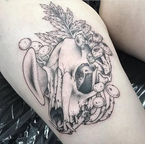 Fox Skull Tattoo, Skull Mushroom Tattoo, Skull With Mushrooms, Legacy Tattoo, Hunting Tattoos, Mushroom Tattoo, Fox Skull, Arm Tats, Prison Tattoos