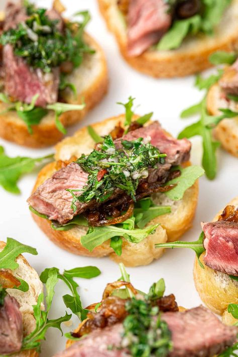 Steak Crostini with Caramelised Onions and Chimichurri - Eight Forest Lane Steak Chimichurri Appetizer, Steak Crostini, Steak Chimichurri, Steak Appetizers, Salt And Pepper Squid, Caramelised Onions, Toasted Baguette, Steak Sandwiches, Steak And Onions