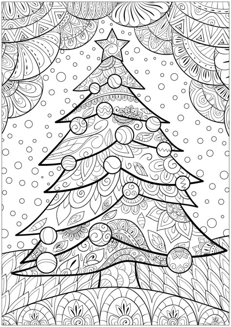 Christmas Tree Color Ideas, Christmas Coloring Pages For Adults, Zentangle Christmas, Santa Claus Drawing, Coloring Christmas, Tattoo Coloring Book, Christmas Mandala, Pretty Christmas Trees, Christmas Tree Coloring Page