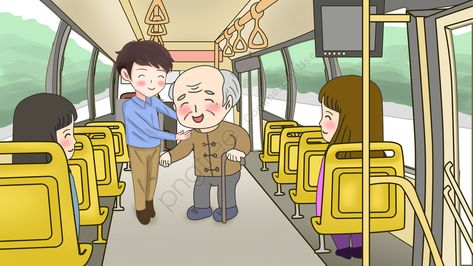 original hand drawn illustration,civilized travel,respect for the elderly,bus,seat,old grandfather,young people,give the old man a seat Act Of Kindness Illustration, Respect Pictures Kids, Respect Illustration, Inferencing Pictures, Respect Pictures, Bus Seat, Bus Drawing, Bus Cartoon, Pink Wallpaper Laptop