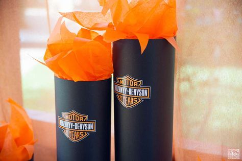 Harley Davidson Centerpieces Ideas, Harley Davidson Party Theme, Harley Davidson Baby Shower, Harley Davidson Wall Art, Biker Party, Motorcycle Birthday Parties, Harley Davidson Baby, 50th Birthday Party Ideas For Men, Motorcycle Party