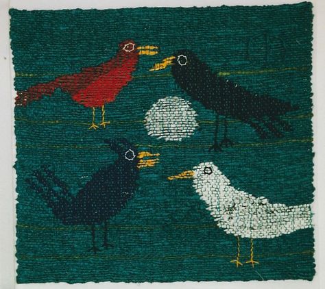 Carolyn Price Dyer �« Birds on a Turquoise Coast, 12” x 12,” 2005, tapestry, spun papers and cotton warp. Collection: Pay and Sam Smith. Bird Tapestry, Football Crafts, Weaving Inspiration, Weaving Designs, Oakland California, Red Tree, Sam Smith, Puget Sound, University Of Washington