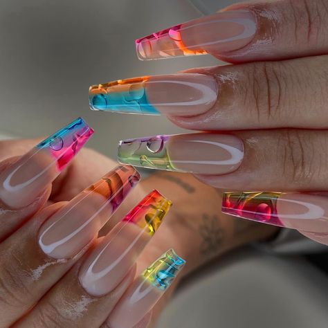 **Lava Lamp** Rainbow Nails Design, Nails Yellow, French Tip Nail Designs, Colorful French, Transparent Nails, Dope Nail Designs, Tip Nails, Glass Nails, Jelly Nails