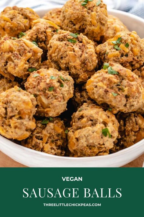 Vegan sausage balls in a white bowl. Vegan Sausage Balls, Vegan Sausage Balls Bisquick, Impossible Meat, Appetizer For Thanksgiving, Vegan Shredded Cheese, Sausage Cheese Balls, Seitan Chicken, Sausage Appetizers, Vegan Easter Recipes