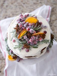 Gingerbread cake with dried oranges, sugared cranberries, star anise and sugared rosemary adds rustic charm for holiday entertaining Cake With Dried Oranges, Soy Free Cake, Simple Christmas Kitchen, Sugared Rosemary, Holiday Desserts Christmas, Christmas Cake Pops, Cake Frosting Recipe, Christmas Cake Designs, Sugared Cranberries