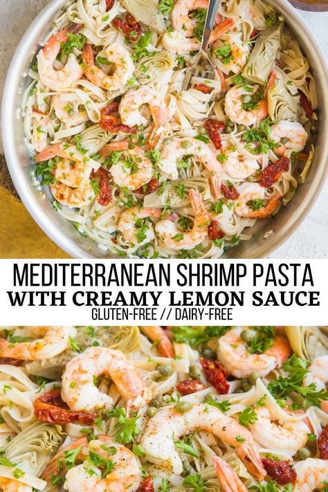 Gluten Free Seafood Pasta, Paleo Shrimp Pasta, Mediterranean Diet Dairy Free, Vegan Shrimp Pasta Recipes, Mediterranean Diet Seafood, Shrimp Scampi Dairy Free, Shrimp Recipes Pasta Healthy, Mediterranean Diet Shrimp Pasta, Shrimp Pasta Non Dairy