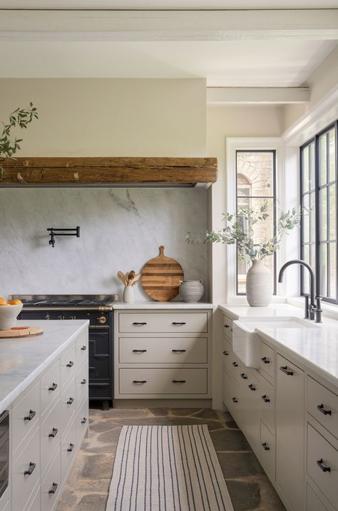 Mixed Upper And Lower Cabinets, Kitchen Ideas Cream Cabinets, Cream Cabinets White Countertop, Beige And White Kitchen, Cream And Wood Kitchen, Beige Kitchen Ideas, Neutral Kitchen Cabinets, Modern Organic Kitchen, White Countertops Kitchen