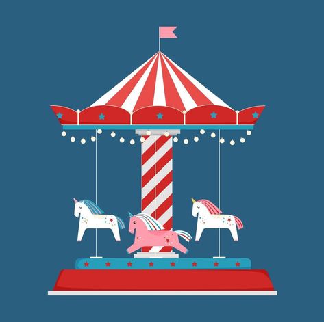 Christmas Merry Go Round, Ferris Wheel Illustration, Carousel Drawing Illustration, Flat Design Illustration, Merry Go Round, Character Drawing, Blue Background, Carousel, Blue Backgrounds