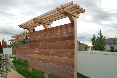 Shade On Deck, Wood Half Wall, Privacy Wood Fence, Fence Pergola, Garden Scapes, Privacy Landscaping Backyard, Hot Tub Privacy, Slanted Roof, Privacy Screen Deck