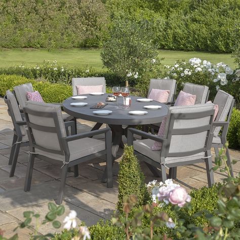 New York 8 Seat Oval Dining Set in Dove Grey https://www.refinedhomeliving.co.uk/products/new-york-8-seat-oval-dining-set-in-dove-grey Refined Home Living #Bestseller Contemporary Round Dining Table, Round Dining Set, Grey Gardens, Garden Dining Set, Oval Table Dining, Garden Furniture Sets, Dove Grey, Outdoor Dining Set, Outdoor Garden Furniture