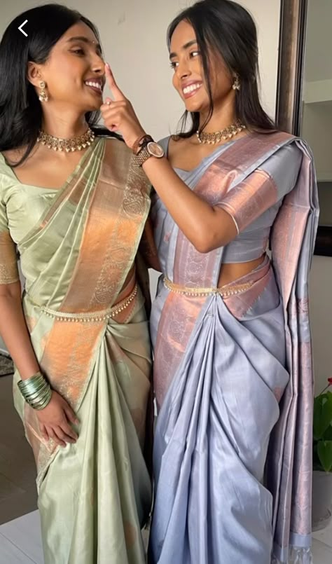 South Indian Designer Blouses, Bridesmaid Looks Indian Saree, Saree For Best Friends Wedding, South Indian Blouse Designs Latest, South Indian Wedding Outfits Sisters, South Indian Bridesmaids Saree, Engagement Outfits Indian Sisters, Golden Saree With Contrast Blouse, Wedding Outfits Indian Sisters