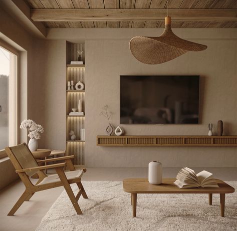 Modern Boho Tv Wall, Tv Unit Boho Living Rooms, Japandi Interiors Living Room Tv, Tv Opposite Window, Japandi Entertainment Center, Japandi Living Room Tv Wall, Tv Room Japandi, Japandi Boho Interiors, Scandi Tv Wall