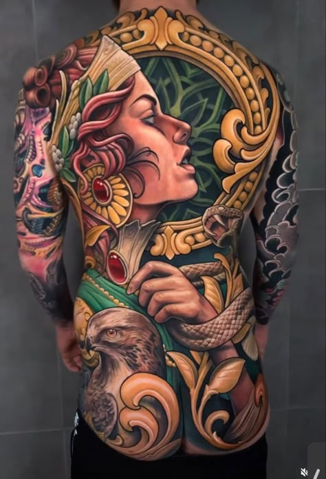 American Traditional Backpiece, Neo Traditional Back Piece, Back Piece Tattoo Men, Tattoo Espalda, Japanese Back Tattoo, Body Tattoo Design, Backpiece Tattoo, Neo Tattoo, Hyper Realistic Tattoo