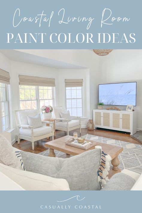 From neutral to bold, bring the coast indoors with these perfect coastal living room paint colors! #coastalpaintcolors #neutralpaintcolors #livingroomcolors Calming Coastal Paint Colors, Paint Colors For Coastal Home, Soft Blue Living Room Walls, Coastal Accent Walls In Living Room, White Walls Living Room Paint, Coastal Colors Living Room, Coastal Wall Colors Living Room, Coastal Living Room Colors, Sw Sea Salt Living Room