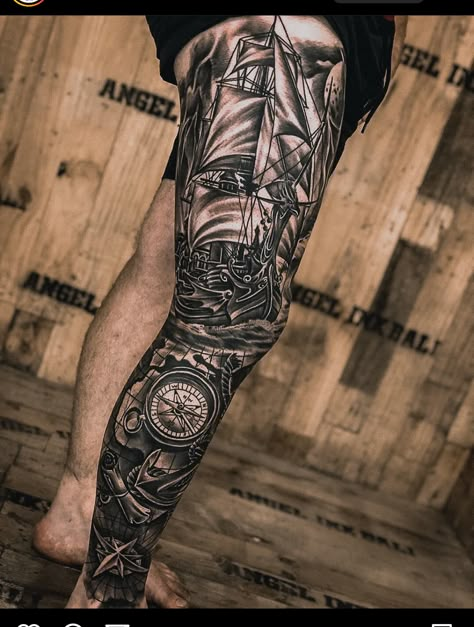 Pirate Tattoo Sleeve, Sea Tattoo Sleeve, Norwegian Tattoo, Relentless Betrayal, Nautical Tattoo Sleeve, Koi Tattoo Sleeve, Racing Tattoos, All Black Tattoos, Full Leg Tattoos