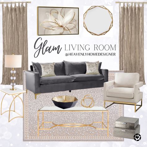 Gray Beige And Gold Living Room, Greige Black And Gold Living Room, Dark Grey Couch Gold Accents, Neutral Glam Living Room Decor, Grey And Gold Home Decor, Vintage Glam Interior Design, Modern Glam Living Room Luxury, Grey And Gold Living Room Ideas, Gray And Gold Living Room Decor