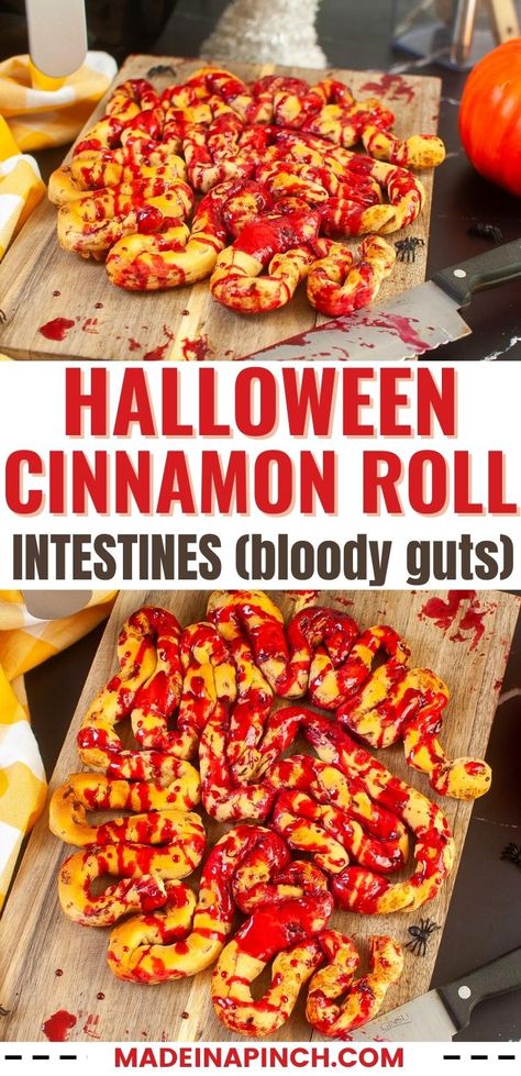 Edible Intestines Cinnamon Rolls, Halloween Food Ideas Gross, Halloween Roll Ups, Cinnamon Intestines, Halloween Intestines Cinnamon Rolls, Halloween Pepperoni Rolls, Halloween Intestines Food, Fun Halloween Breakfast Ideas, Zombie Guts Cinnamon Rolls