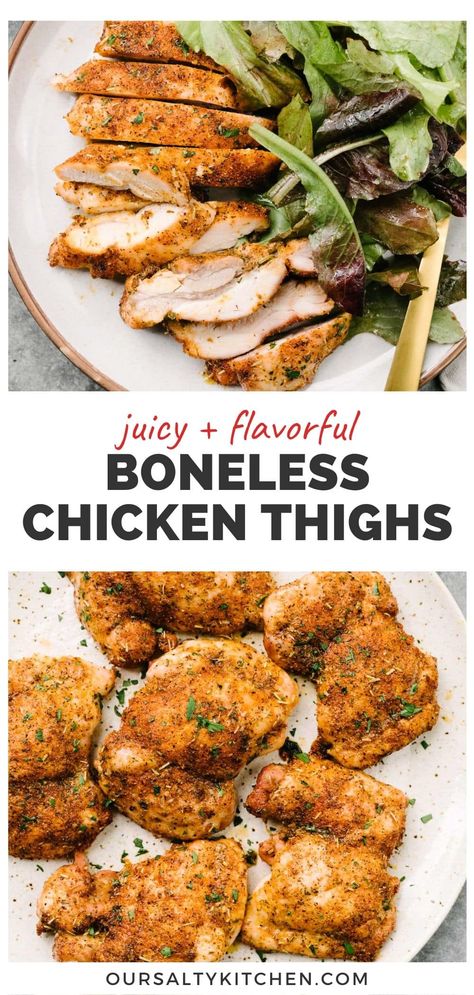 If you're new to cooking, mastering a simple but flavorful baked boneless chicken thigh should be high on your to-do list. They're a frugal and fatty cut, packed with flavor (which means they're a lot more forgiving!). Coat boneless skinless chicken thighs in a sweet and savory dry rub, then roast on a baking sheet for the crispiest and juiciest boneless chicken. These chicken thighs are ready in just 30 minutes, so check the post for quick and easy side dishes to pair them with! #chickenthighs Roasted Boneless Chicken Thighs, Quick And Easy Side Dishes, Baked Boneless Chicken, Easy Baked Chicken Thighs, Baked Boneless Chicken Thighs, Chicken Thigh Recipes Boneless Skinless, Chicken Thighs Dinner, Easy Side Dishes, Crispy Baked Chicken Thighs