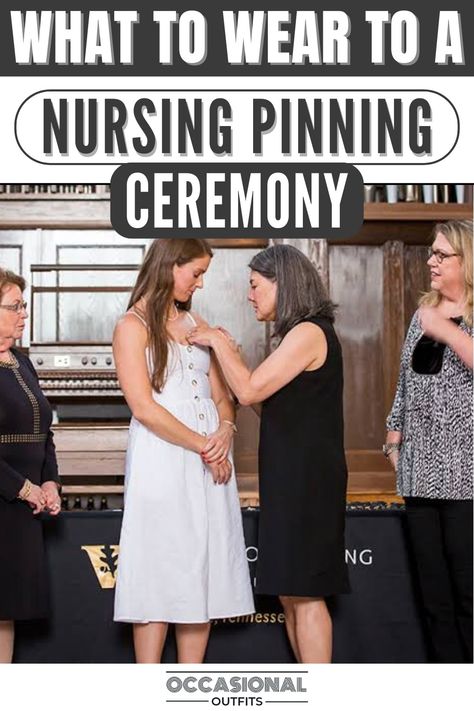 Girl wearing a white dress at her nursing pinning ceremony Pining Ceremony Outfit, Nurse Pinning Ceremony Outfit Ideas, Nursing School Pinning Ceremony Outfit, Nursing Graduation Dress, Nursing Graduation Outfit Ideas, Nursing School Graduation Outfit, Nursing Graduation Outfit, Nursing School Graduation Dress, Nurse Graduation Outfit