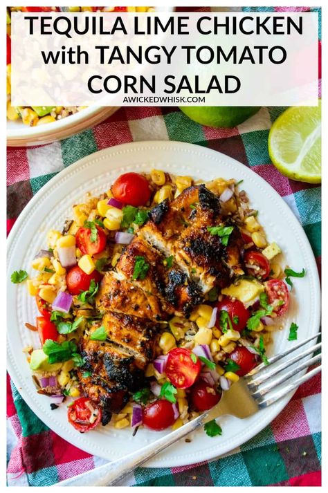 Tequila Lime Chicken With Corn Salsa, Margarita Chicken Recipe, Tomato Corn Salsa, Tequila Lime Chicken Recipe, Tequila Chicken, Margarita Chicken, Lime Marinade For Chicken, Corn Tomato Salad, Tequila Lime Chicken