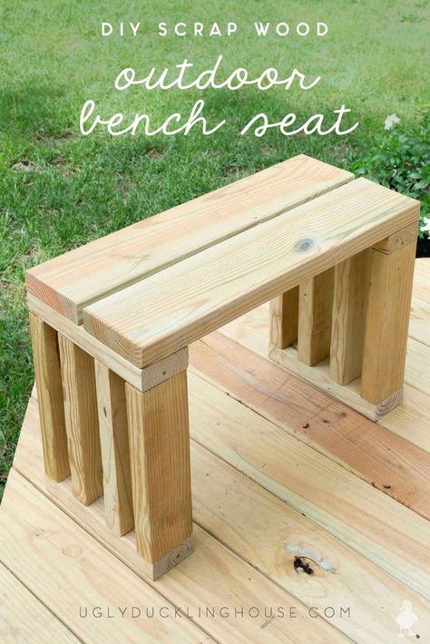 Add a little extra seating with this simple outdoor bench made from scrap 2x4s and deck boards. I built it in one night using nothing but leftover lumber. #scrapwood #gardenbench #outdoorbench #2x4 #woodworking #furniture #freeplans #buildplans #uglyducklinghouse Outdoor Bench Seat, Diy Scrap Wood, Diy Bench Seat, Diy Bank, Garden Bench Plans, Used Outdoor Furniture, Garden Bench Seating, Outdoor Bench Seating, Garden Bench Diy