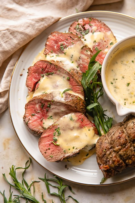 Beef Fillet with Easy Bearnaise Sauce (Tenderloin) - Vikalinka Sauces For Tenderloin Beef, Best Sauce For Beef Tenderloin, Beef Tenderloin Sauces, Roast Beef Fillet Recipes, Beef Tenderloin With Bernaise Sauce, Beef Tenderloin Tip Recipes, Beef Medallions Recipes, Christmas Beef Tenderloin Recipes, Gourmet Entree Recipes