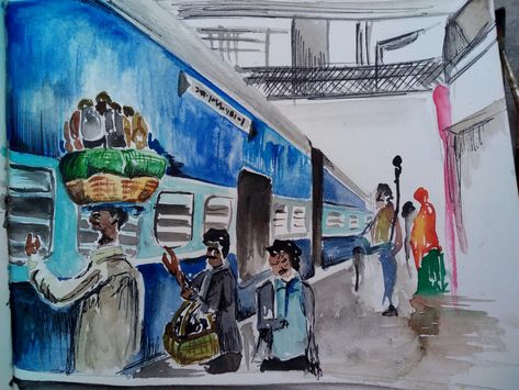 Railway station scene done with watercolors Railway Station Memory Drawing, Railway Station Composition, Railway Station Drawing Sketch, Railway Station Painting, Railway Station Drawing, Train Station Drawing, Nift Preparation, Memory Sketch, Pictures For Drawing