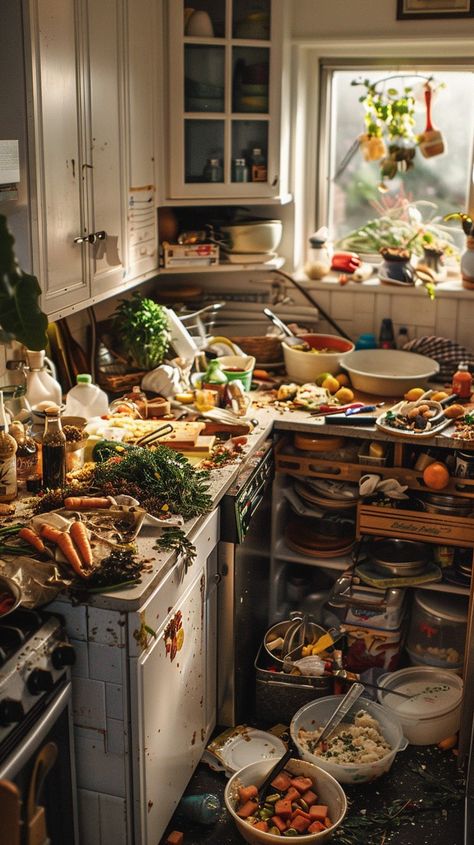 Chaotic Kitchen Scene: A bustling kitchen bursting with a colorful array of ingredients and dishes in mid-preparation. #kitchen #mess #cooking #vegetables #fruits #aiart #aiphoto #stockcake ⬇️ Download and 📝 Prompt 👉 https://ayr.app/l/eohF Chaotic Kitchen, Cooking Vegetables, Kitchen Scene, Scene Image, How To Take Photos, High Quality Images