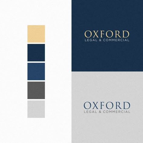 Oxford Legal & Commercial commissioned me to create their new brand identity, to include a logo, submark, logotype, badge mark, monogram and brand patt Navy Gold White Color Palette, Blue And Silver Colour Palette, Blue And Gold Logo Design, Colour Palette For Logo Design, Color Palette Gold Blue, Blue And Silver Palette, Oxford Blue Color Palette, Dark Blue Brand Identity, High End Colour Palette