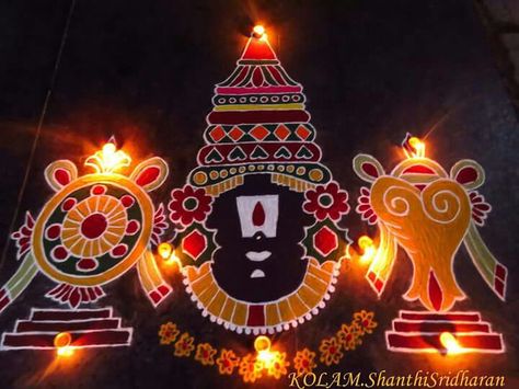 Balaji by Shanti Sridharan Balaji Rangoli Designs, Perumal Kolam, Balaji Rangoli, South Indian Rangoli, God Rangoli, Gods Photos, Rangoli Idea, Portrait Rangoli, Ganesh Rangoli